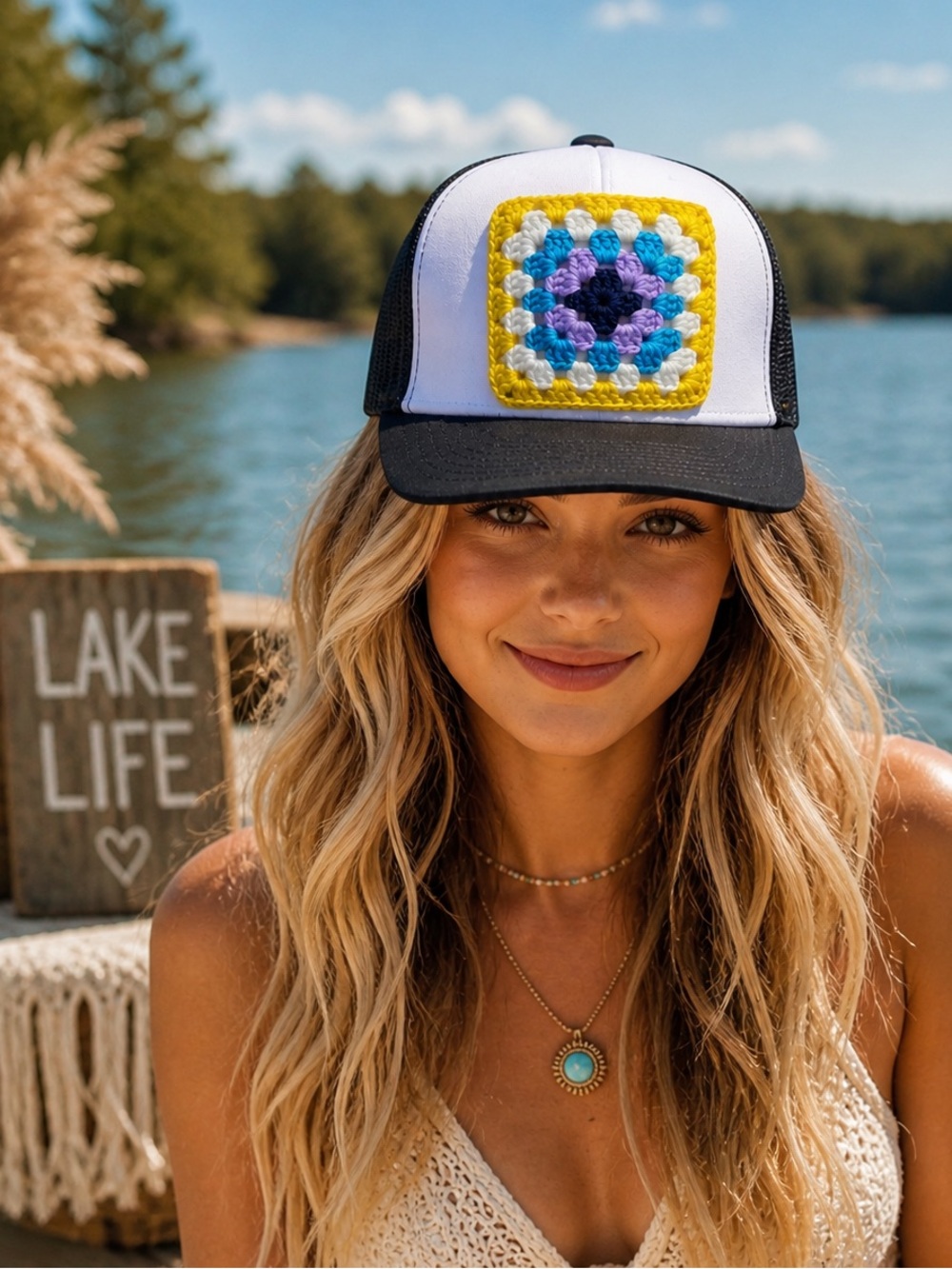 “DIY” Trucker Hat Yupoong Black Granny Crochet Square Patch Snapback Boho hippie